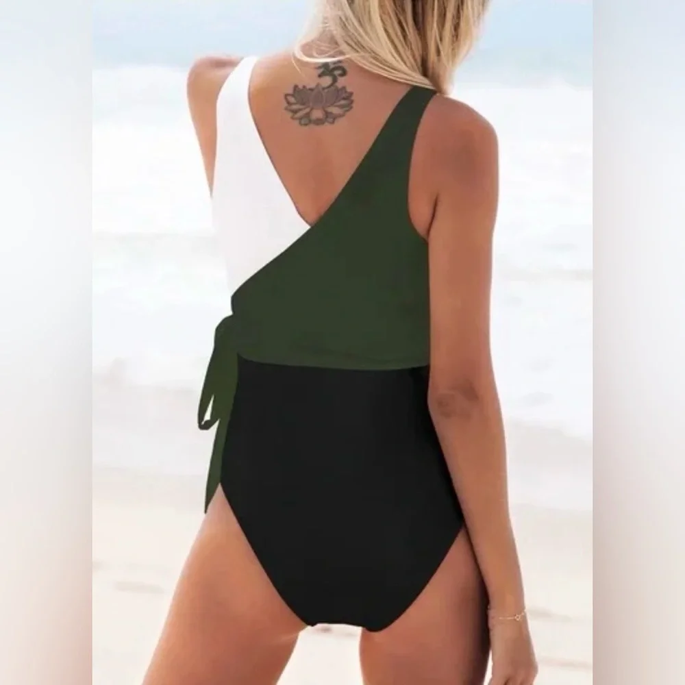 Cupshe Olive and Black Wrap Colorblock Swimsuit - XL